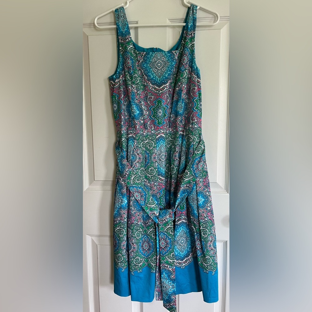 Talbots Blue Sleeveless Scoop Neck Sundress (lined, pockets, with sash)